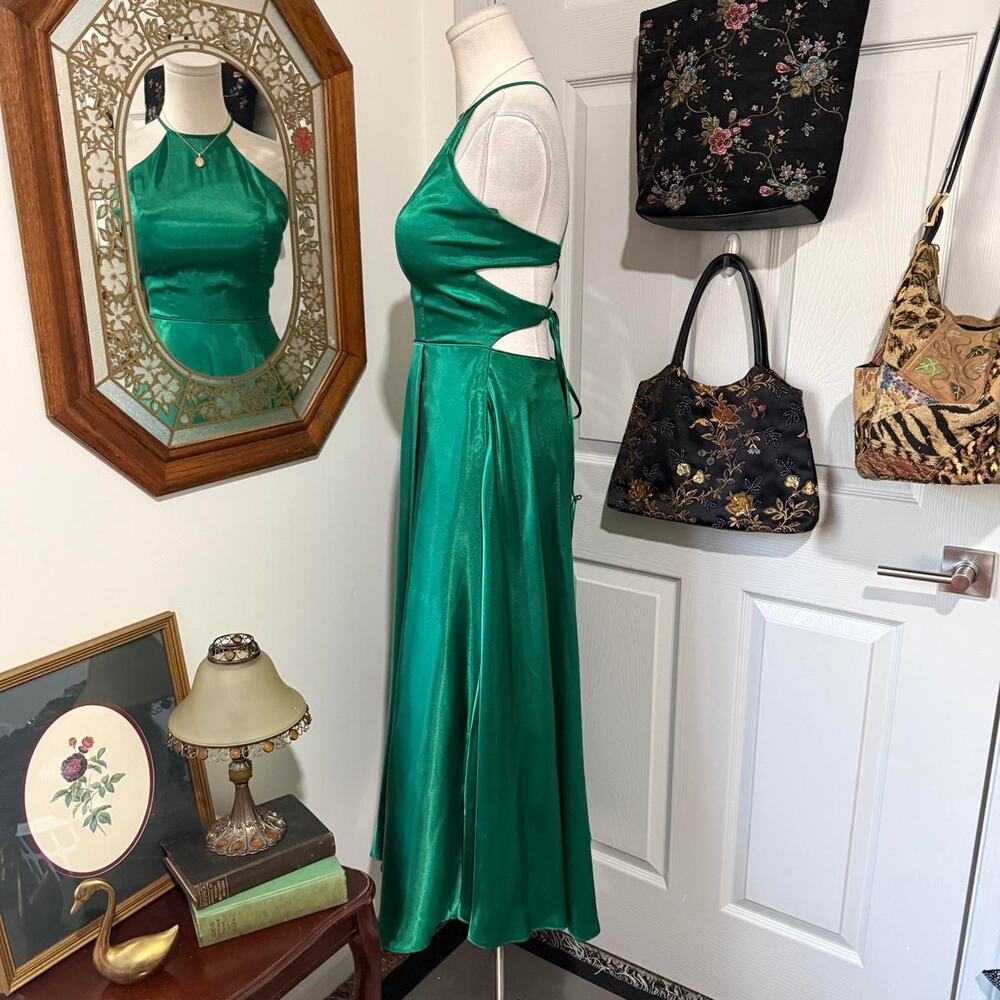 Y2K Blondie Nites Emerald Green Satin Halter Neck Lace Up Corset Formal Dress 3 - Picture 4 of 6